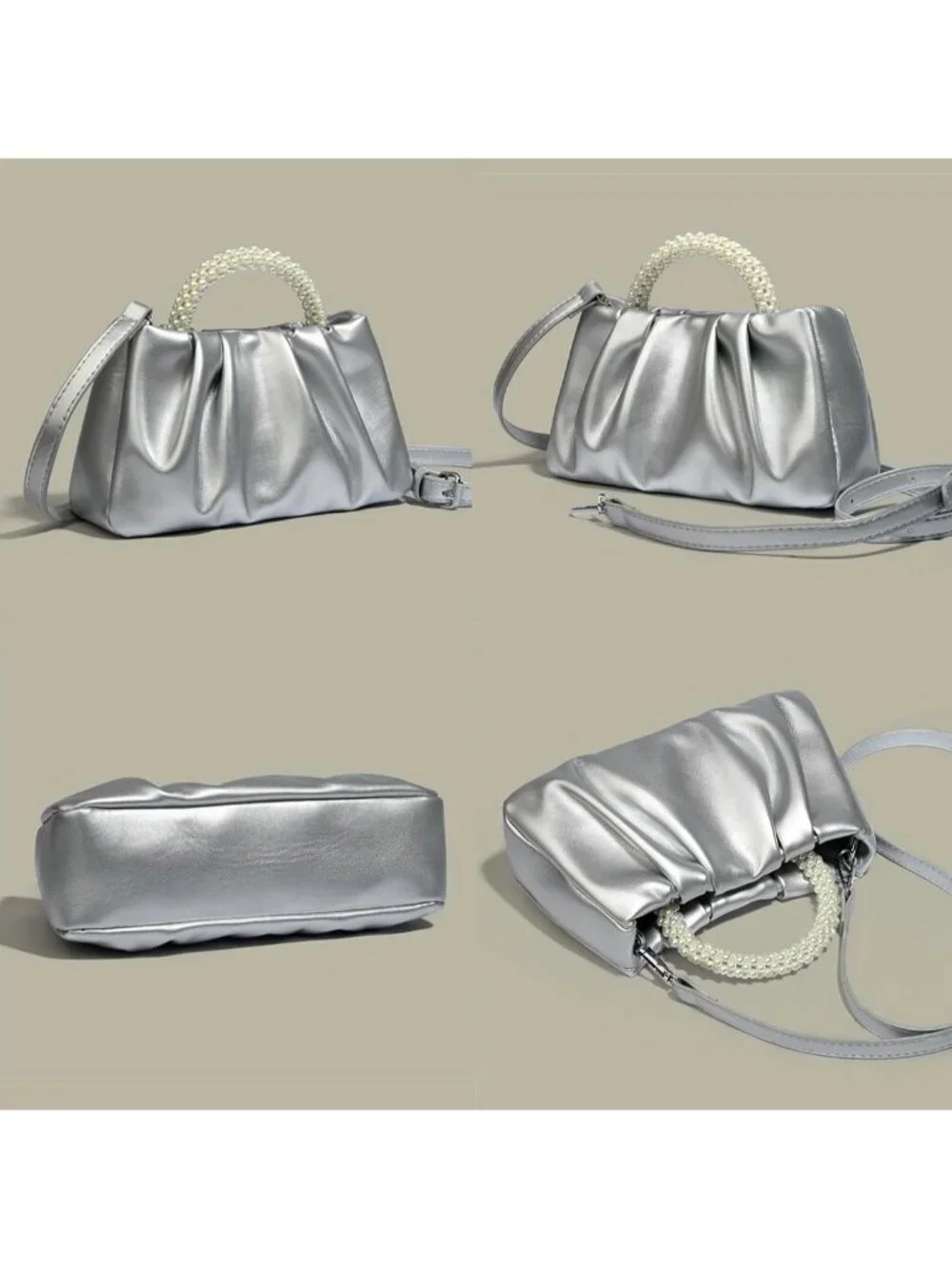 👜Women's SilverLeather Wedding Party Pearl Elegant Clutch Purse Magnetic Snap